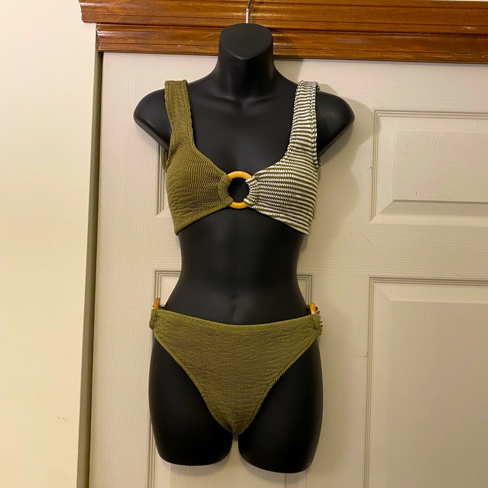 Free People Olive and Black Striped Bikini